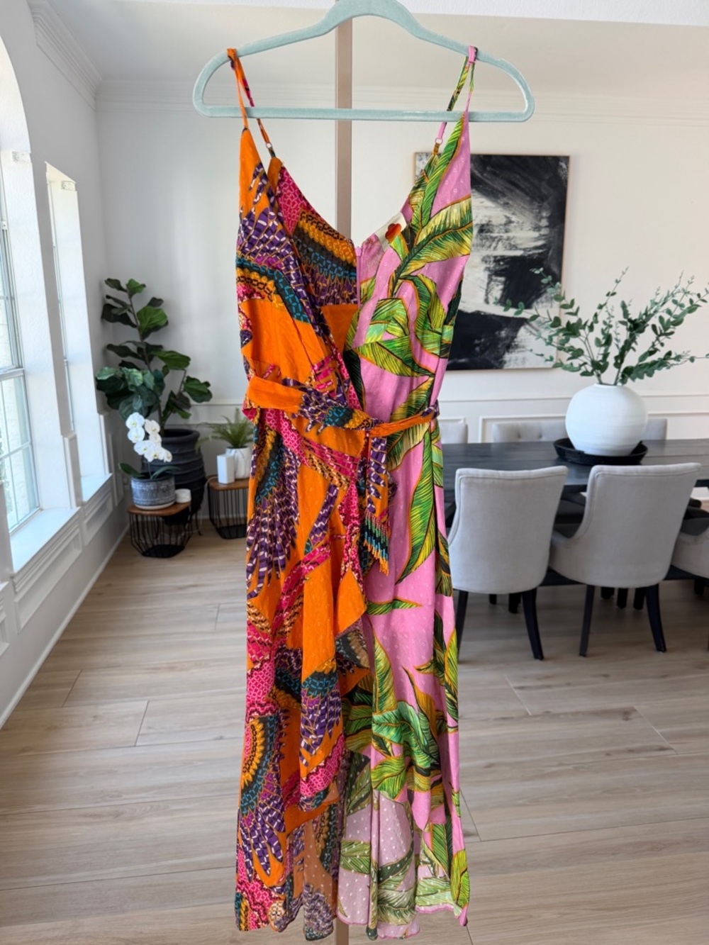 FARM Rio Mixed Prints Midi Wrap Dress – Beaded Macaws / Pink Foliage